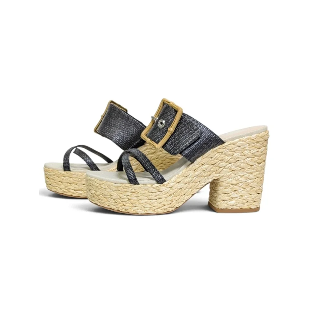 Dolce Vita Edwina Platform Black Raffia Woven Block Heel Bamboo Buckle Mules 9
